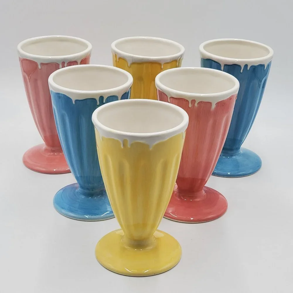 Pottery Barn Outlet Milkshake Ceramic Glass (6) & Spoons (6)